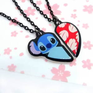 Stainless steel color printed Stitch Angel cartoon couple splicing necklace