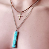 Double layer necklace leather rope sunflower cactus cross turquoise necklace