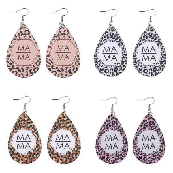 Mother's Day earrings, leopard print MAMA letter water drop earrings, double-sided PU leather earrings