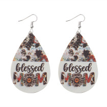 Mother's Day Earrings Blessed MOM Flower Letter Water Drops Double sided PU Leather Earrings