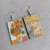 Geometric asymmetric pattern earrings Artist oil painting Starry Night Sunflower wooden earrings