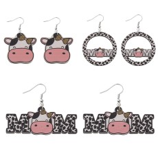 Mother's Day MOM Letter Cow Pattern Cow Double sided Wood Earrings