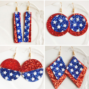 Red White Blue Independence Day Geometric Leather Earrings