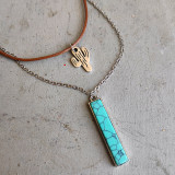 Double layer necklace leather rope sunflower cactus cross turquoise necklace