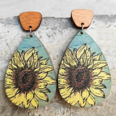 Sunflower Bohemian Water Drops Wood Ear Stainless Steel Needle Earrings