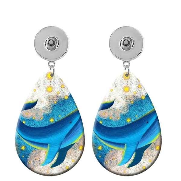 10 styles Cartoon Whale and Moon Pattern  Acrylic Painted Water Drop earrings fit 20MM Snaps button jewelry wholesale