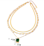 Stainless steel three-layer necklace, diamond lock, love box, green zircon necklace