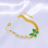 Pearl Green Leaf Pattern Diamond Butterfly Necklace Bracelet Earrings