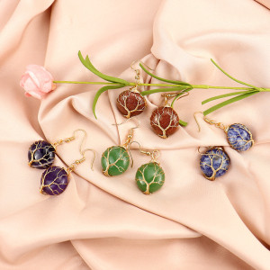 Handmade Gold Twisted Amethyst Crystal Original Stone Round Life Tree Earrings