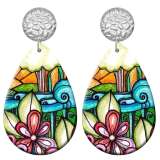 20 styles Colorful Flower pattern  Acrylic Painted stainless steel Water drop earrings
