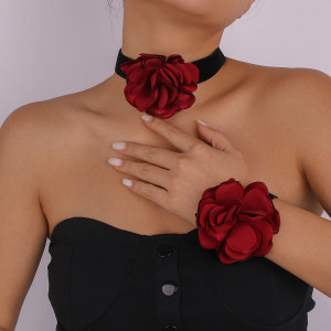 Rose Flocked Fabric Necklace Bracelet
