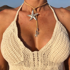 Bohemian style starfish alloy pendant leather necklace