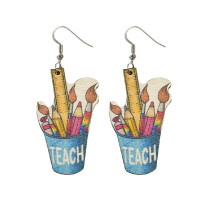 Earrings, wooden school teaching tools, pencils, books, teachers, earrings, wooden