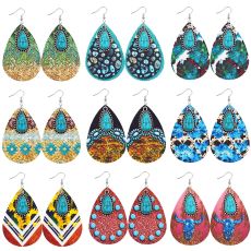Western denim style Aztec feng shui drop leather earrings with alloy turquoise accessories