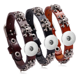 20MM Snaps button jewelry wholesale alloy skull Punk cowhide bracelet