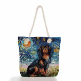 Beach Bag Starry Sky Oil Painting Dog Print High Capacity Canvas Shoulder Bag