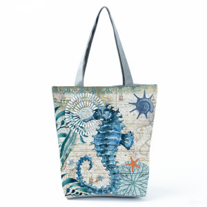 Ocean Life Seahorse Print High Capacity Canvas Shoulder Bag