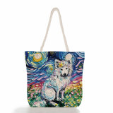 Beach Bag Starry Sky Oil Painting Dog Print High Capacity Canvas Shoulder Bag