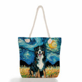 Beach Bag Starry Sky Oil Painting Dog Print High Capacity Canvas Shoulder Bag