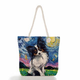 Beach Bag Starry Sky Oil Painting Dog Print High Capacity Canvas Shoulder Bag