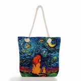 Beach Bag Starry Sky Oil Painting Dog Print High Capacity Canvas Shoulder Bag