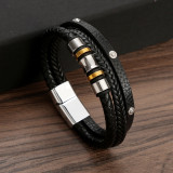 21cm Multi layer leather rivet woven stainless steel bracelet