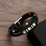 21cm Multi layer leather rivet woven stainless steel bracelet
