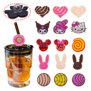 11 styles Pink cartoon straw sleeve PVC soft rubber straw decorative accessories Party straw decorative buckle