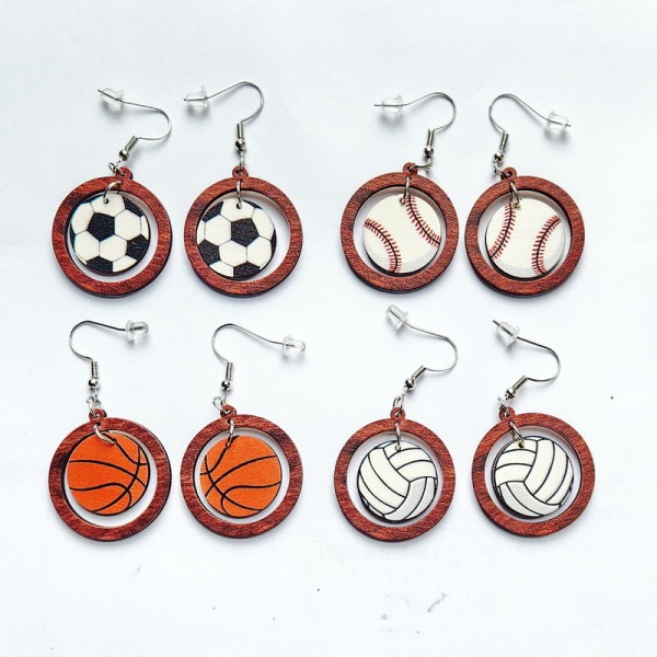 Sports Earrings Football World Cup Baseball Rugby Basketball Tennis Volleyball Wooden Ring Earrings