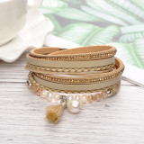 Pearl crystal tassel multi-layer cowhide woven magnetic buckle leather bracelet