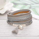 Pearl crystal tassel multi-layer cowhide woven magnetic buckle leather bracelet