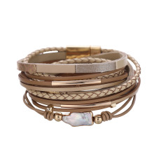 Multi layer woven Baroque pearl leather bracelet