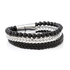 Stainless steel natural stone leather woven bracelet