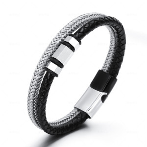 Stainless steel genuine leather woven bracelet