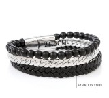 Stainless steel natural stone leather woven bracelet