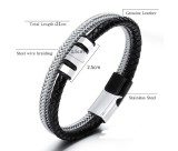 Stainless steel genuine leather woven bracelet