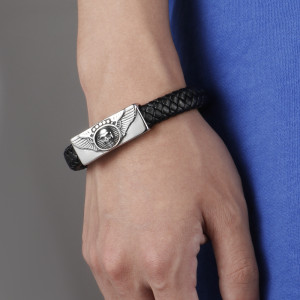 Stainless steel Winged Skull Head leather woven bracelet