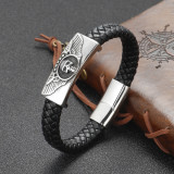 Stainless steel Winged Skull Head leather woven bracelet