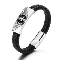 Stainless steel Winged Skull Head leather woven bracelet