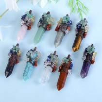 Crystal Original Stone Hexagonal Pillar Wrapped with Copper Wire, Life Tree, Colorful Gravel Pendant