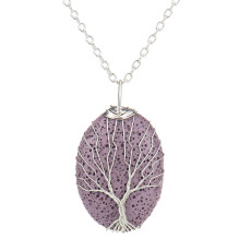 Hand wound elliptical volcanic stone life tree pendant necklace