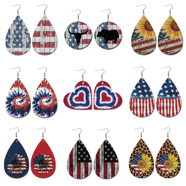 Independence Day Leather Earrings Water Drops American Flag Made Old Earrings Festival Tie Dyed Earrings