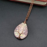 Handmade copper wire wound water droplet life tree color changing ripple resin necklace