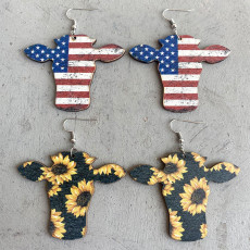 Independence Day Bull Head Earrings Sunflower Western Cowboy Wood Earrings