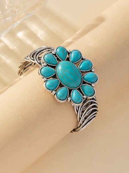 Oval flower turquoise metal elastic bracelet