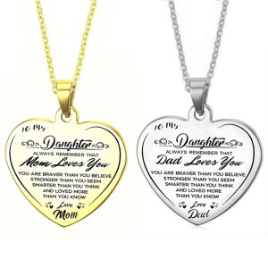 To my daughter stainless steel heart-shaped engraved pendant necklace DAD MOM daughter gift
