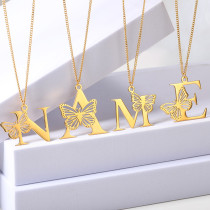 Stainless steel 26 letter hollowed out butterfly necklace