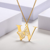 Stainless steel 26 letter hollowed out butterfly necklace