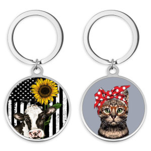 Stainless Steel Cat mom cow Cartoon hedgehog  pattern Painted  Keychain  key chain