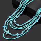 Turquoise Rice Beads Multi layer Cross Necklace